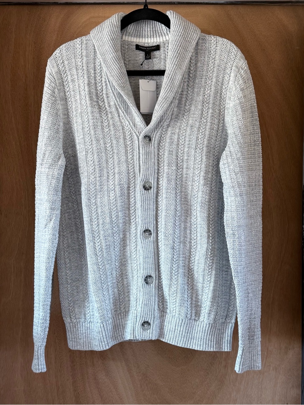 Banana Republic Cardigan Ribbed Shawl Collar Gray Button Front Mens L NWT - Picture 2 of 15